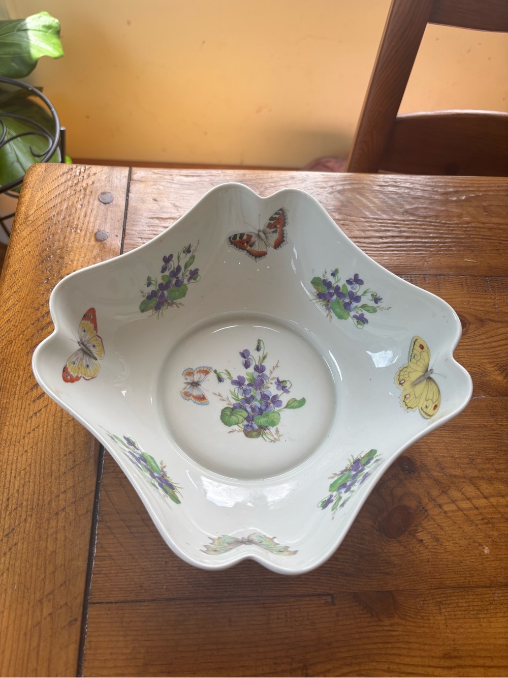 Limoges France Vintage Porcelain Violets and Butterflies Square Scalloped Bowl